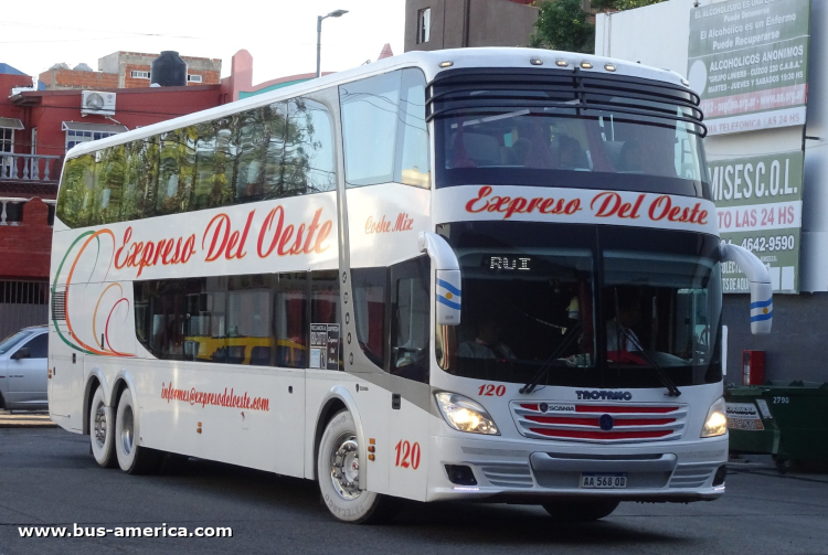 Scania K 400 B - José Troyano Calixto Doble Piso - Exp. Del Oeste
AA 568 OD
[url=https://bus-america.com/galeria/displayimage.php?pid=66392]https://bus-america.com/galeria/displayimage.php?pid=66392[/url]

Exp. Del Oeste, interno 120
