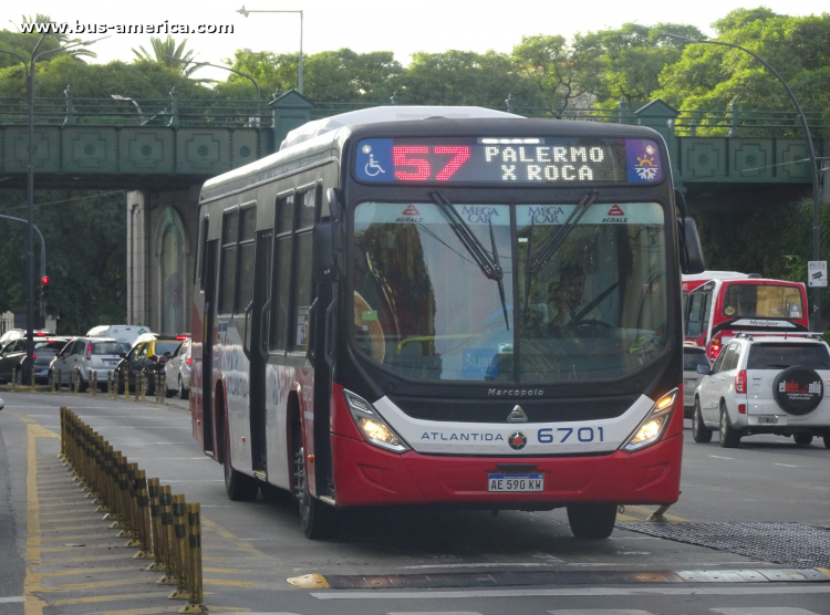 Agrale MT 17.0 LE - Marcopolo Torino T346 - Atlántida
AE 590 KW
[url=https://bus-america.com/galeria/displayimage.php?pid=51694]https://bus-america.com/galeria/displayimage.php?pid=51694[/url]

Línea 57 (Buenos Aires), interno 6701

Este modelo de piso bajo se venía produciendo en Brasil como Gran Viale BRS o Viale BRS. Si bien se puede notar que no cuenta con inscripción de modelo, el gacetillas de prensa, que no son de Marcopolo, lo dan por Torino. Vamos con ese nómbre hasta la confirmación.
