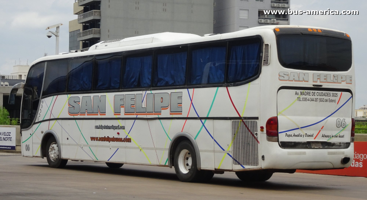 Mercedes-Benz O 400 - Marcopolo G6 Paradiso 1200 (en Argentina) - San Felipe
DWS 891
[url=https://bus-america.com/galeria/displayimage.php?pid=68772]https://bus-america.com/galeria/displayimage.php?pid=68772[/url]

San Felipe (Prov.Sgo. del Estero), interno 06

Línea Santiago del Esterio-Bandera Bajada
Horarios
Ida: 12:30 lunes a sábados , 19:30 domingo a viernes
