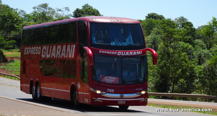 Scamia K - Marcopolo G6 Paradiso 1800 DD (en Paraguay) - Exp. Guaraní
BEX 856

Exp. Guaraní, interno 795 [desde 2016]
Ex N.S.A., interno 795 [2010 - 2016]
