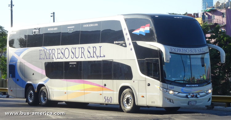 Scania K - Marcopolo G7 Paradiso 1800 DD (para Paraguay) - Exp. Sur
HBT 132
[url=https://bus-america.com/galeria/displayimage.php?pid=60081]https://bus-america.com/galeria/displayimage.php?pid=60081[/url]
[url=https://bus-america.com/galeria/displayimage.php?pid=60082]https://bus-america.com/galeria/displayimage.php?pid=60082[/url]

Exp. Sur, unidad 560
