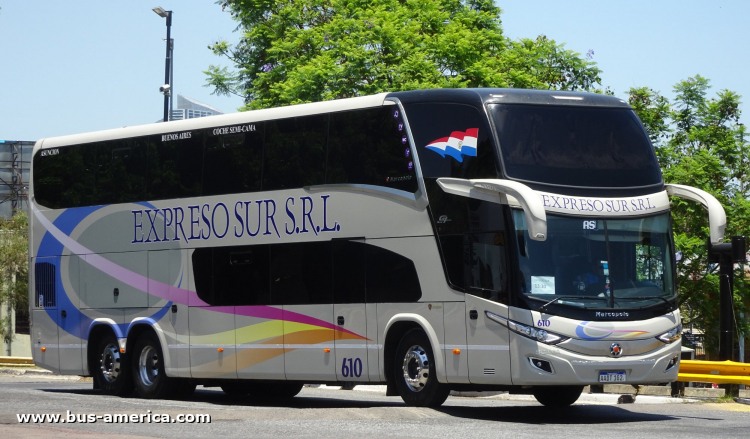 Scania K - Marcopolo New G7 Paradiso 1800 DD (para Paraguay) - Exp. Sur
AADT 102
[url=https://bus-america.com/galeria/displayimage.php?pid=60085]https://bus-america.com/galeria/displayimage.php?pid=60085[/url]

Exp. Sur, unidad 610
