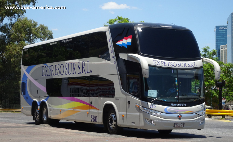 Scania K 360 B - Marcopolo G7 Paradiso 1800 DD (para Paraguay) - Exp. Sur
HDS 619
[url=https://bus-america.com/galeria/displayimage.php?pid=60083]https://bus-america.com/galeria/displayimage.php?pid=60083[/url]

Exp. Sur, unidad 580
