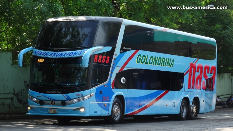 Scania K - Marcopolo G7 Paradiso 1800 DD (en Paraguay) - NASA , Golondrina
BCK 229
[url=https://bus-america.com/galeria/displayimage.php?pid=49856]https://bus-america.com/galeria/displayimage.php?pid=49856[/url]

NASA - Golondrina, interno 3041
