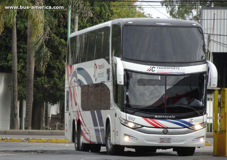 Scania K 380 IB - Marcopolo G7 Paradiso 1800 DD (para Paraguay) - JC Internacional
DAF 715
[url=https://galeria.bus-america.com/displayimage.php?pid=45923]https://galeria.bus-america.com/displayimage.php?pid=45923[/url]
[url=https://bus-america.com/galeria/displayimage.php?pid=58877]https://bus-america.com/galeria/displayimage.php?pid=58877[/url]

JC Internacional, interno 1202




Archivo originalmente posteado en abril de 2019
