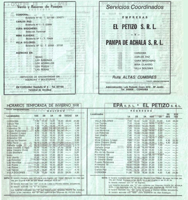 El Petizo & Empresa Pampa de Achala
Horarios 1991 invierno
