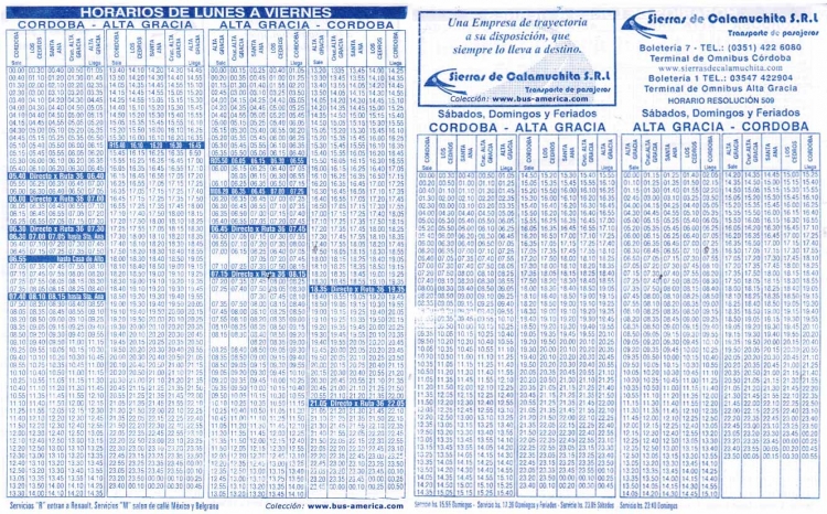 Sierras de Calamuchita
Horarios 2011
