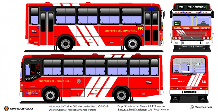 Mercedes-Benz OF 1318 - Marcopolo Torino GV (en Paraguay) - Emp. Choferes del Chaco S.R.L - Linea 20 Nº 66
Diseño original: Mailson Amancio Pereira
Pintura  modificaciones: Luis "Petti" Ovelar
Palabras clave: Mercedes OF