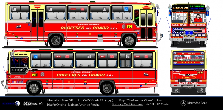 Mercedes-Benz OF 1318 - CAIO Vitoria Fe (para Paraguay) - Emp. Choferes del Chaco S.R.L. - Linea 20 Interno 9556 
Diseño Original: Mailson Amancio Pereira
Pintura y Modificaciones: Luis "PETTI" Ovelar
                     BUS FICTICIO
Palabras clave: Mercedes OF