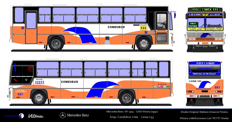 Mercedes -Benz OF 1315 - CAIO Vitoria (en Paraguay) - Emp. Condubus Ltda,  Linea 133 Nº 397
Diseño: Original: Mailson Amancio Pereira
Pintura y Modificaciones: Luis "Petti" Ovelar
Palabras clave: Mercedes Caio 133
