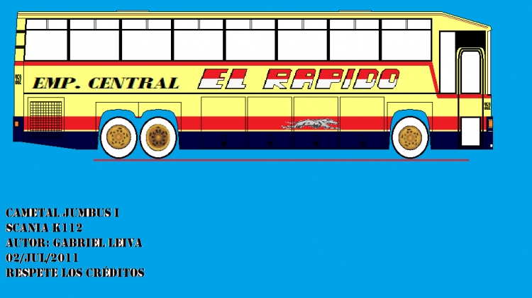ESPECIAL TATA/CENTRAL EL RÁPIDO
DIBUJO DEL INTERNO 352 DE ECERSA HECHO POR MI
Palabras clave: CAMETAL JUMBUS SCANIA K112 CENTRAL RAPIDO ECER 352