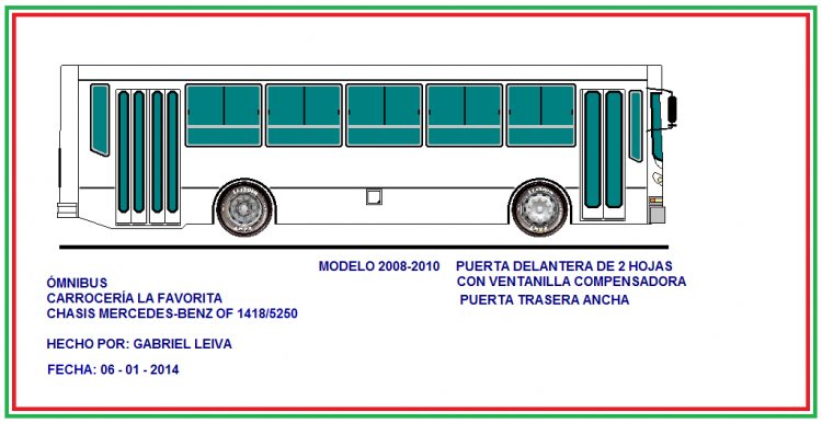 Mercedes-Benz OF 1418 - La Favorita 
Versión puerta delantera de dos hojas, ventanilla compensadora y puerta trasera de cuatro hojas. Modelo 2008/10
