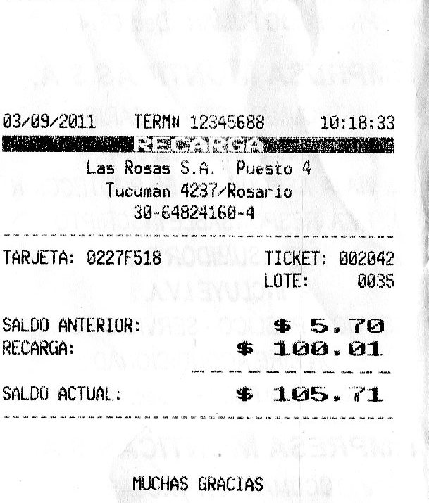 Ticket de recarga de tarjeta "Viaje Más"
Ticket de recarga de tarjeta "Viaje Más" que se expide cada vez que se recarga una tarjeta de viaje de la empresa Las Rosas-Monticas
Palabras clave: Ticket boleto tarjeta Viaje Más Santa Fe Rosario