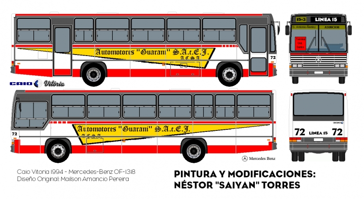 Mercedes-Benz OF 1318 - Caio Vitória (En Paraguay) Automotores Guaraní S. A. C. e I.
Diseño Original: Mailson Amancio Pereira
Pintura y Modificaciones: Néstor "Saiyan" Torres
Palabras clave: linea 15
