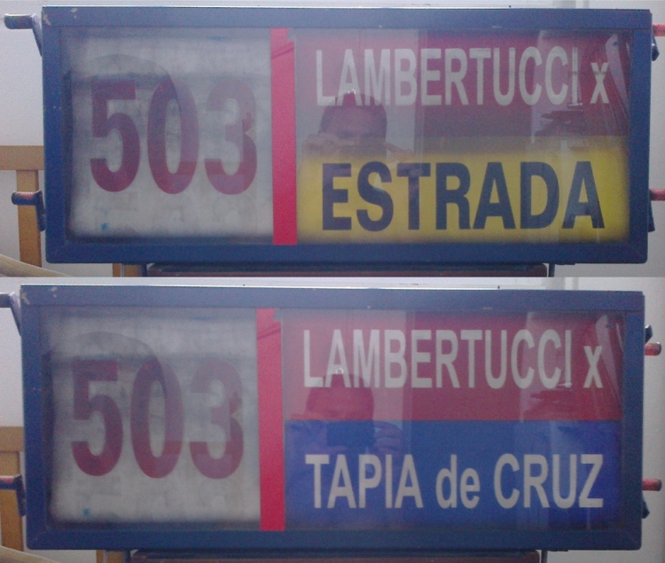 Línea Sesenta S.A. - Cartel de ramales
Los dos carteles de la línea 503 de la empresa "Línea Sesenta S.A.", 
que van al Barrio Lambertucci, en Escobar.
Palabras clave: 503-LAMBERTUCCI