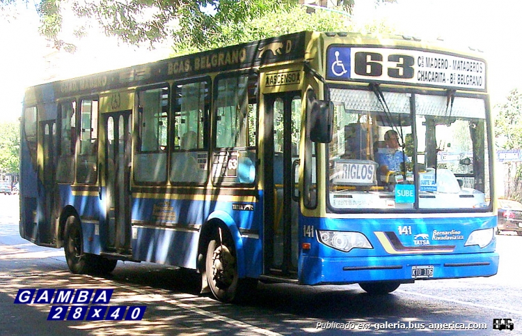 T.A.T.S.A. - Puma D 9.8 - Bernardino Rivadavia
KTO 106 
Línea 63 - Interno 141

Colección: Gamba 28x40
Palabras clave: Gamba / 63