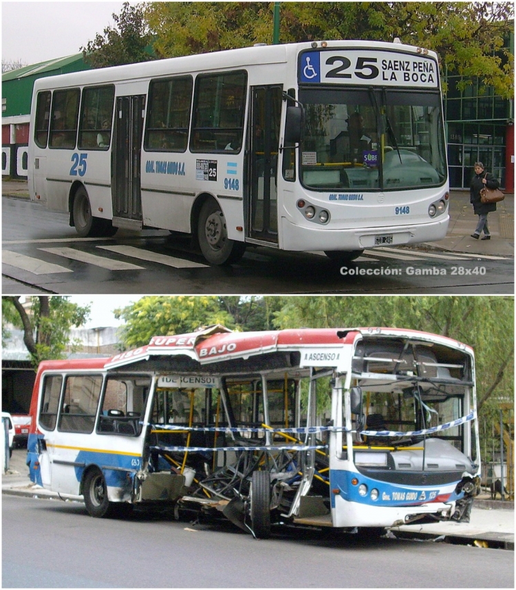 Agrale MT 12 - Todo Bus - General Tomás Guido
GID 246
Línea 25 - Interno 9148 (ex 125)
En la imagen superior, el coche circulando actualmente, en la inferior, después
de ser embestido por una formación del ferrocarril Sarmiento
Fue reparado, y circuló con los colores de la Guido, hasta hace poco tiempo

Foto inferior: Carlos Friedlmeier, extraída del Foro Transportes 
Palabras clave: Gamba / 25