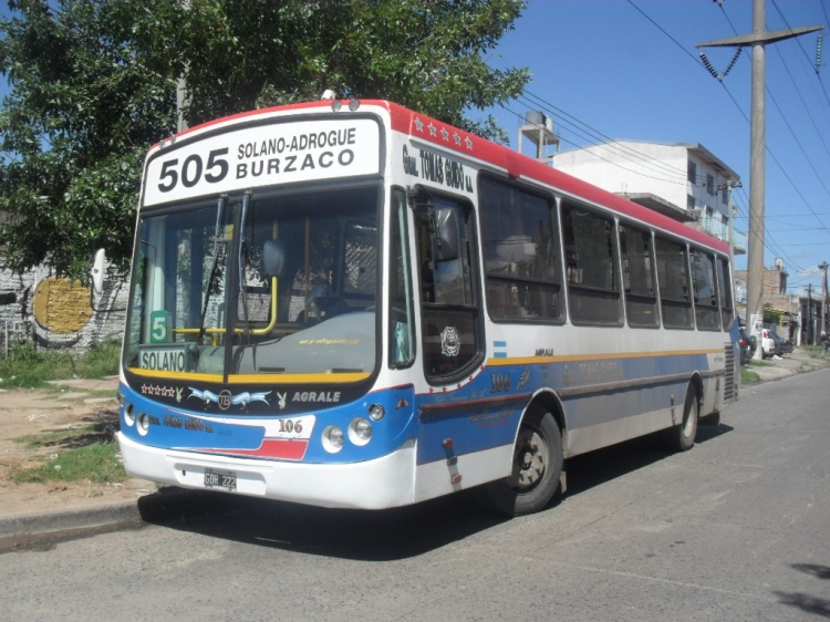 Agrale MT 12 - Todo Bus - General Tomás Guido
GDR 222
Línea 505 - Interno 106 
Agrale ex Linea 84 o 25, en servicio en la 505 de San Francisco Solano.
Palabras clave: TOMAS GUIDO