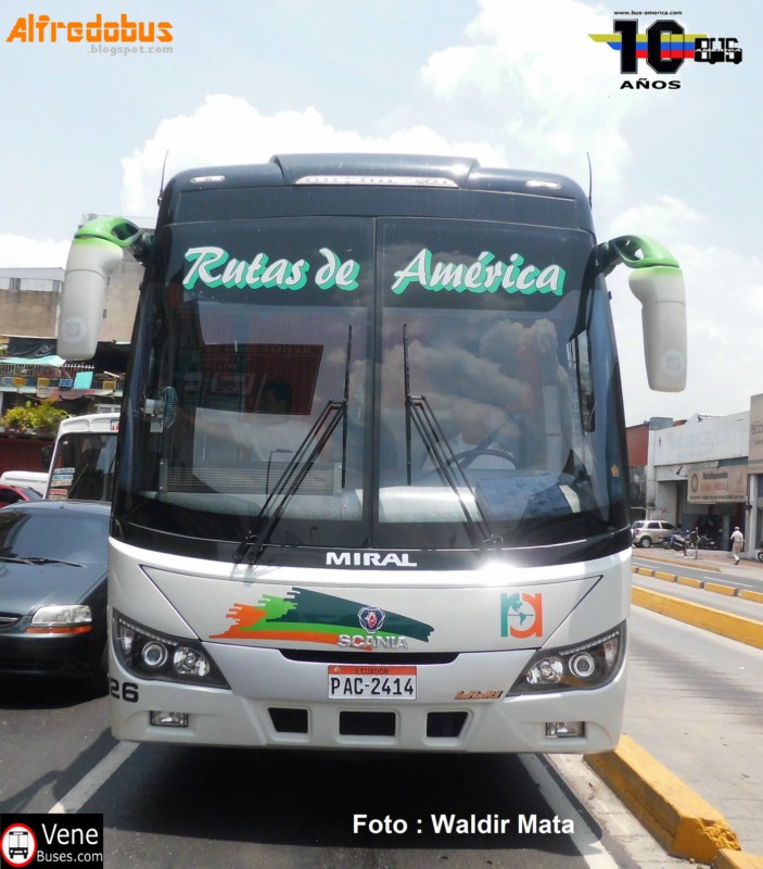 Scania K380 - Miral Infinity 400 (de Ecuador) - Rutas de América 126
PAC-2414
Primicia desde Caracas. El primero en venir a Venezuela, ya llegando de su largo viaje. Se lleva el honor también de ser el primer K380 registrado en Venezuela, y la primera empresa en ofrecer en Venezuela servicio de Wi-Fi a bordo. Primicia captada por Waldir Mata para Venebuses.com (Circulando en Venezuela)
Palabras clave: Scania Miral Rutas América Internacional