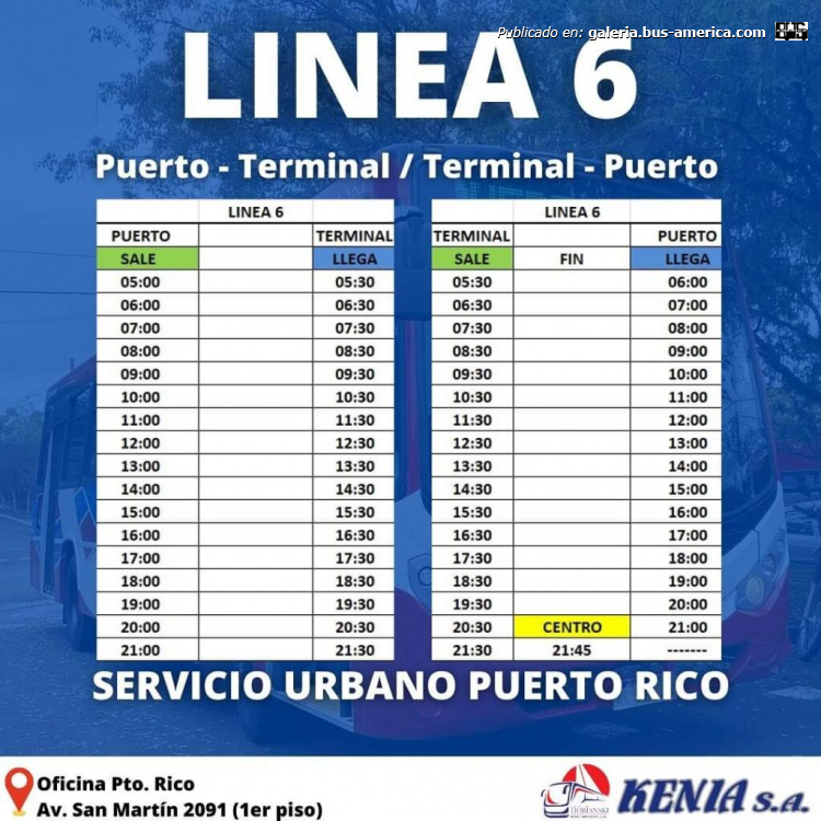 Kenia
Línea 6 (Puerto Rico)

Planilla de horarios

Iconografía: Kenia S.A. (grupo Horianski)
Extraído de: periodismomisionero.com.ar
