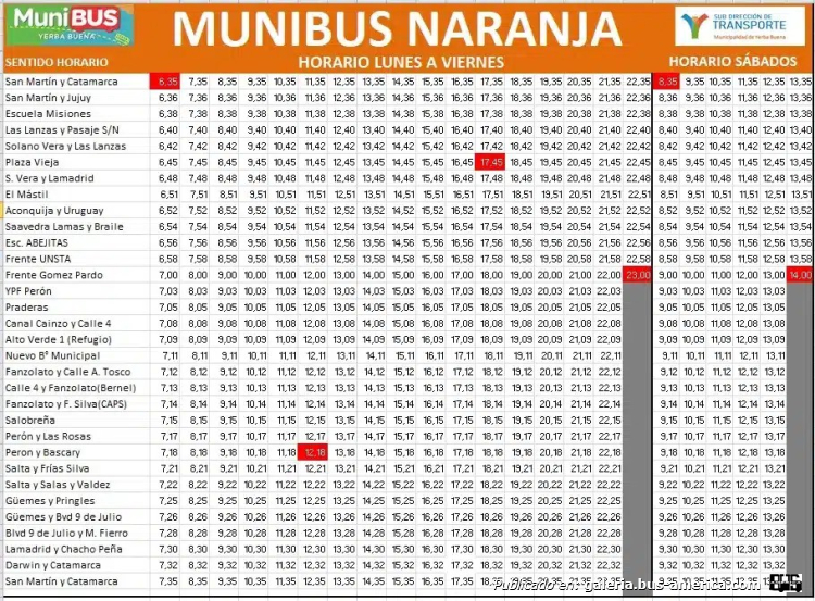 Munibus
Línea Naranja (Yerba Buena)

Planilla de horarios

Extraído de: https://www.yerbabuena.gob.ar
