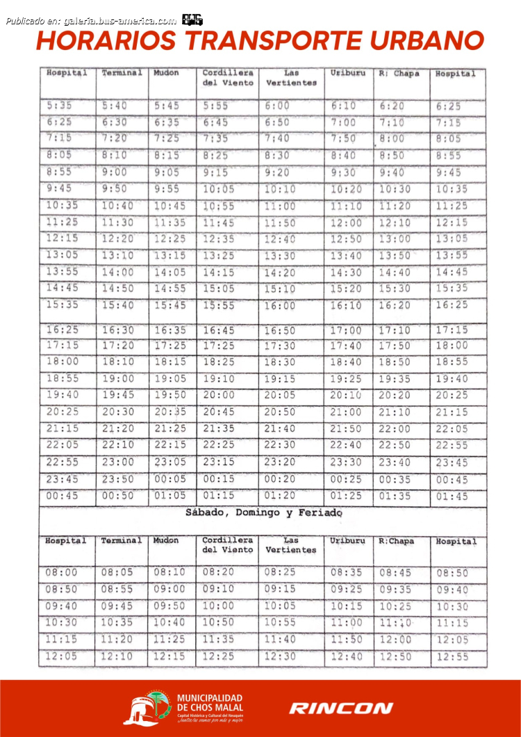 Rincon
Rincón (Chos Malal)

Horarios línea urbana desde el 1 de marzo de 2022

Fotografía: [url=https://www.facebook.com/photo?fbid=4914577951997037&set=pcb.4914578851996947]Chos Malal CHML, en facebook.com[/url]
