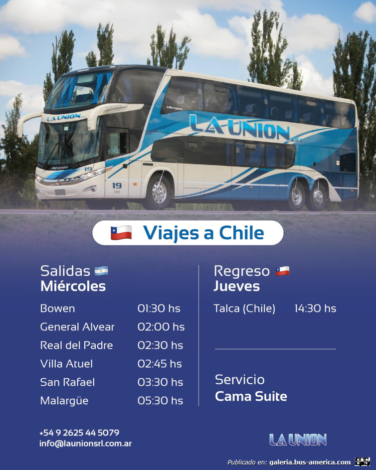 Mercedes-Benz O-500 RSD - Marcopolo Paradiso G7 1800 DD (en Argentina) - La Unión 
¿NSR 407?

La Unión, interno 19

Horario
Línea 313SP1 "Bowen-Talca"
internacional de larga distancia entre Argentina & Chile

¿Este servicio se inaugur'en este marzo?
Respuesta de Coles del Sur: "si , el 12 de marzo de 2025"
