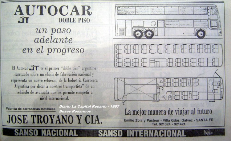 El primer doble piso
Aviso de José Troyano y Cia de Septiembre de 1987 publicitando su Autocar Doble Piso
