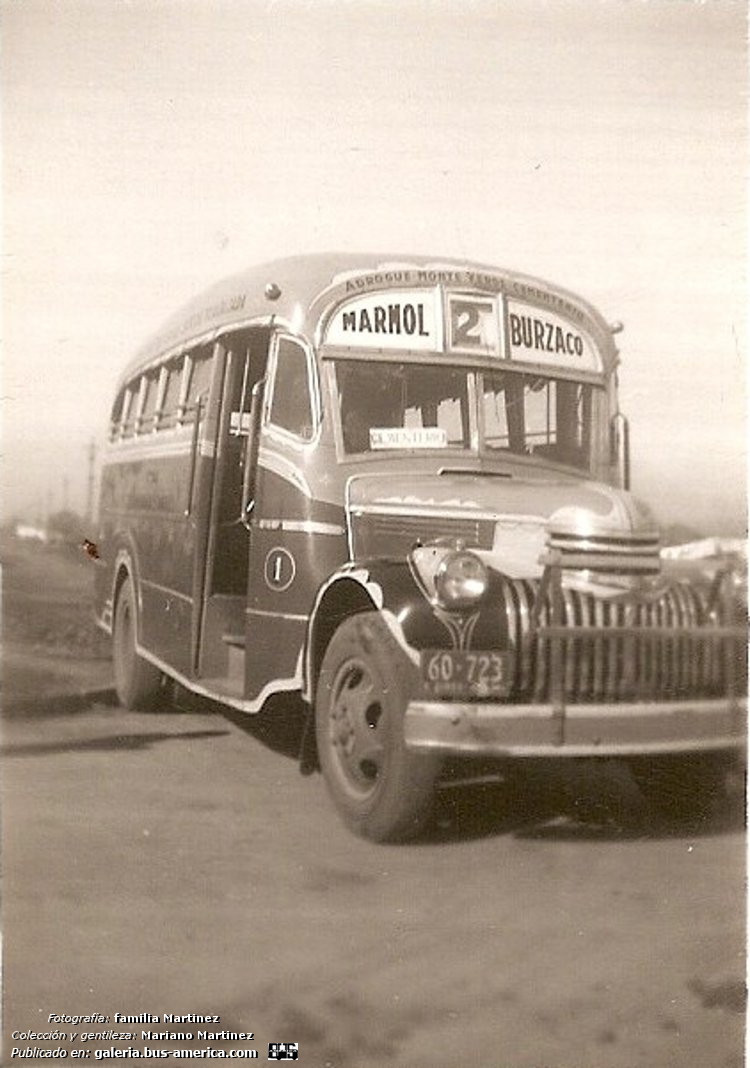 Chevrole AK - El Cóndor - VigMar
60-723
[url=https://bus-america.com/galeria/displayimage.php?pid=67593]https://bus-america.com/galeria/displayimage.php?pid=67593[/url]

Línea 2 (Pdo.Alte.Brown), interno 1

Fotografía: familia Martínez
Colección y gentileza: Mariano Martínez
