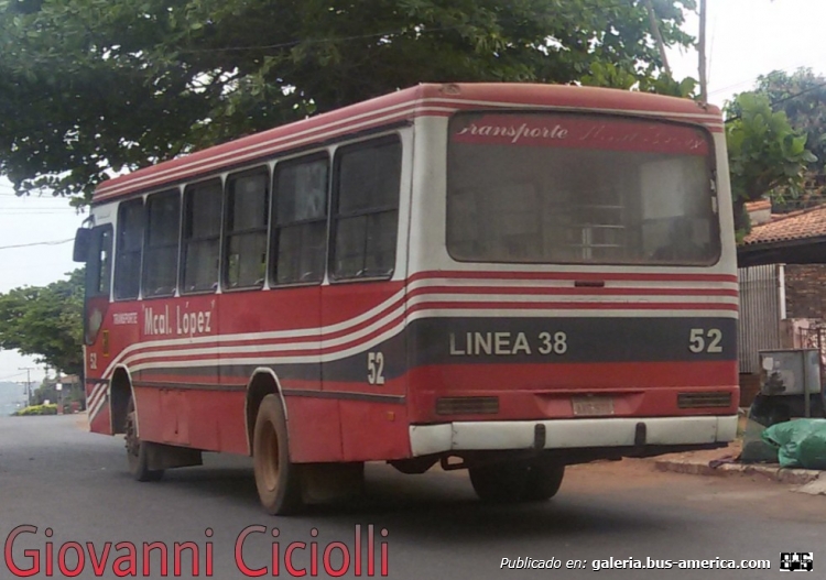 Mercedes-Benz OF 1318 - Marcopolo Torino GV (en Paraguay) - Mcal. López  , Linea 38 , Interno 52
ANG 577
http://galeria.bus-america.com/displayimage.php?pid=37540

Este bus es año 1995 por lo que este ya es su ultimo año de servicio en la linea 38 después de esto no sabemos si va a ser destruido por el estado o va a pasar a alguna linea del interior por lo que hay que aprovechar y tomarle todas las fotos posibles

Avda Paraguay Ciudad de San Antonio departamento Central
