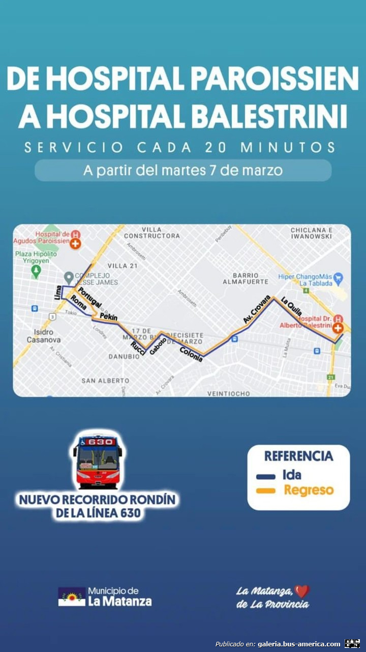La Vecinal de Matanza
Línea 630 (Pdo. La Matanza)
Nuevo recorrido

Folleto: Municipalidad de La Matanza
Extraído de: clarin.com
