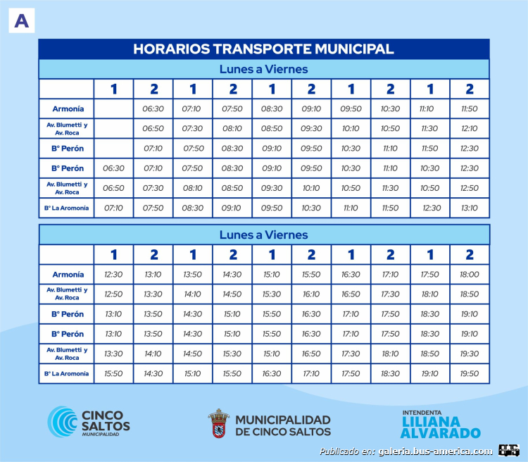 Municipalidad de Cinco Saltos
Línea/ramal A (Cinco Saltos)
Horarios

Fuente: [url=https://cincosaltos.gob.ar/cinco-saltos-ya-tiene-flota-de-colectivos-propios]Municipalidad de Cinco Saltos .gob.ar[/url]
