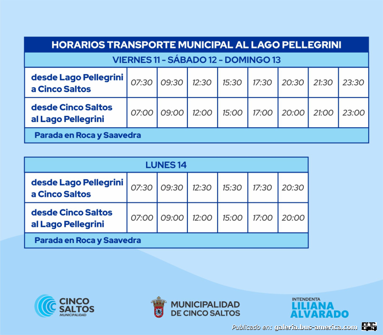 Municipalidad de Cinco Saltos
Línea/ramal Cinco Saltos-Lago Pellegrini (Cinco Saltos)
Horarios

Fuente: [url=https://cincosaltos.gob.ar/cinco-saltos-ya-tiene-flota-de-colectivos-propios]Municipalidad de Cinco Saltos .gob.ar[/url]
