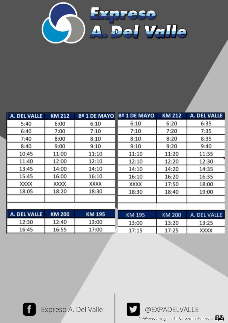 Aristóbulo del Valle
Línea Terminal A.del Valle-Bº1ºde Mayo (A.del Valle)
Horarios de lunes a viernes

Extraído de: [url=https://adelvalleturismo.com.ar/servicios/detalles/65/Empresa-de-Transporte-de-Pasajeros-%22Expreso-A.-del-Valle%22]Municipalidad de Aristóbulo del Valle, turismo[/url]
