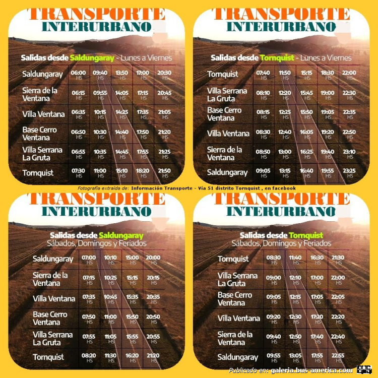 Vía 51
Línea 1 (Pdo.Tornquist)
Horarios mayo 2025

Horario posteado por: Gustavo Diliz
Extraído de: [url=https://www.facebook.com/photo?fbid=10232528846981905&set=gm.735702998784577&locale=es_LA]Información Transporte - Vía 51 distrito Tornquist , en facebook[/url]
