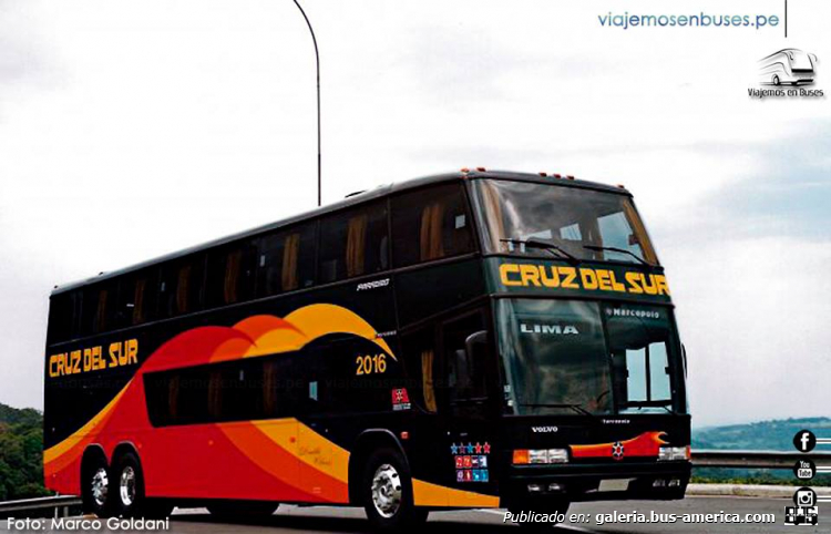 Volvo B - Marcopolo GV Paradiso 1800 DD (en Perú) - Cruz del Sur
Fotografía: viajemosenbuses.pe
Palabras clave: cruz del sur