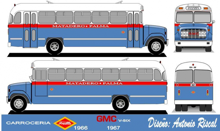 GMC V Six - Franklin - Matadero Palma
3821

Dibujo: Antonio Riscal

Puede conocer la historia de esta carrocera en: [url=https://www.bus-america.com/CHcarrocerias/Franklin/Franklin-histo.php]Historia de carrocerías Franklin[/url]
