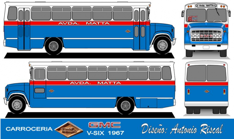 GMC V Six - Franklin - Avda. Matta
Línea 36 (Santiago)

Dibujo: Antonio Riscal

Puede conocer la historia de esta carrocera en: [url=https://www.bus-america.com/CHcarrocerias/Franklin/Franklin-histo.php]Historia de carrocerías Franklin[/url]
